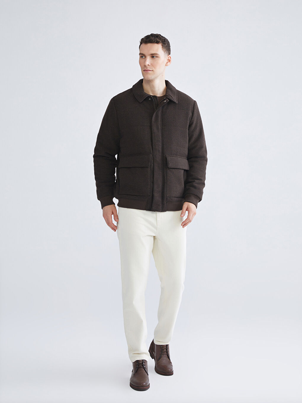 Kahverengi Standart Kalıp Gömlek Yaka Kaşe Erkek Mont-1