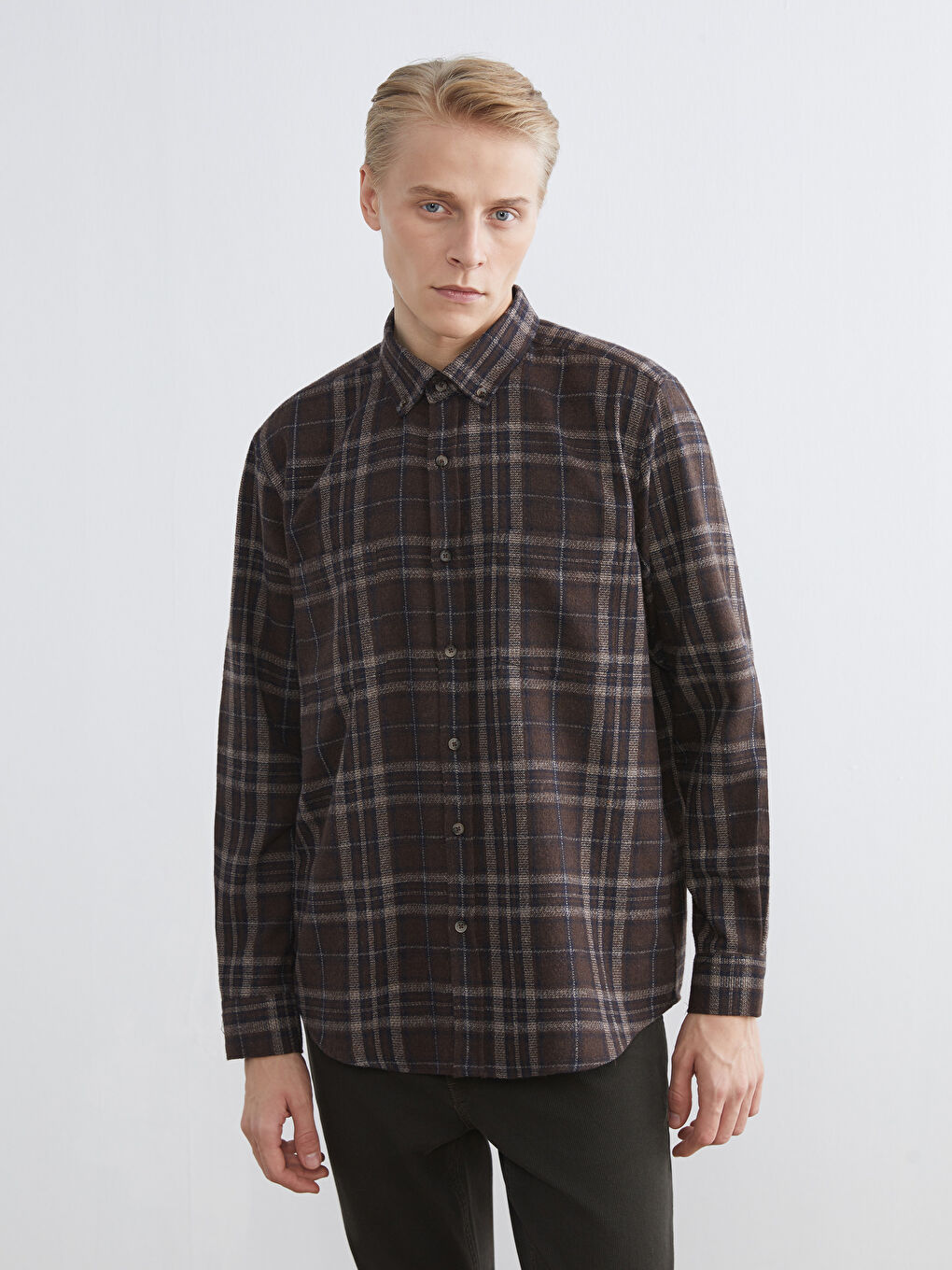 Kahverengi Regular Fit Uzun Kollu Ekose Erkek Gömlek