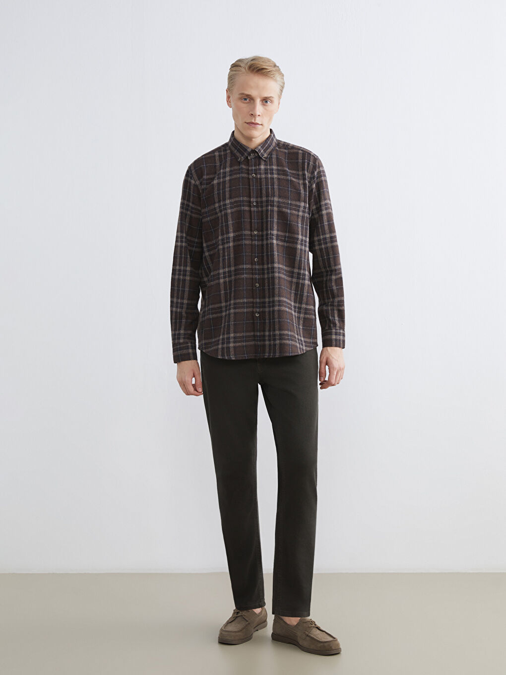 Kahverengi Regular Fit Uzun Kollu Ekose Erkek Gömlek-1