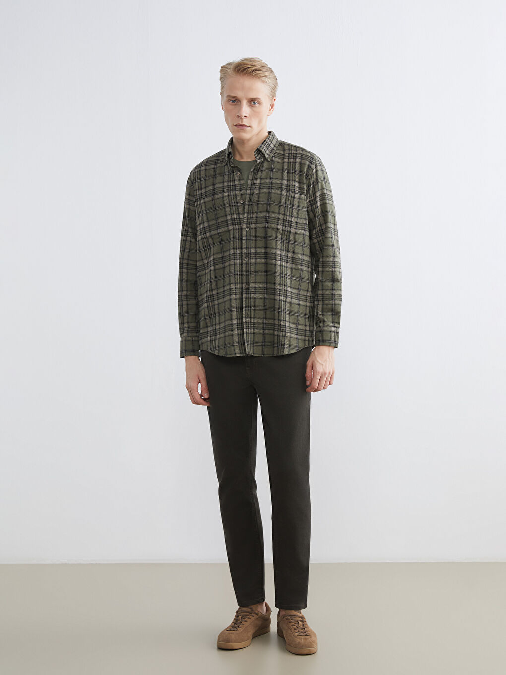 Haki Regular Fit Uzun Kollu Ekose Erkek Gömlek-1