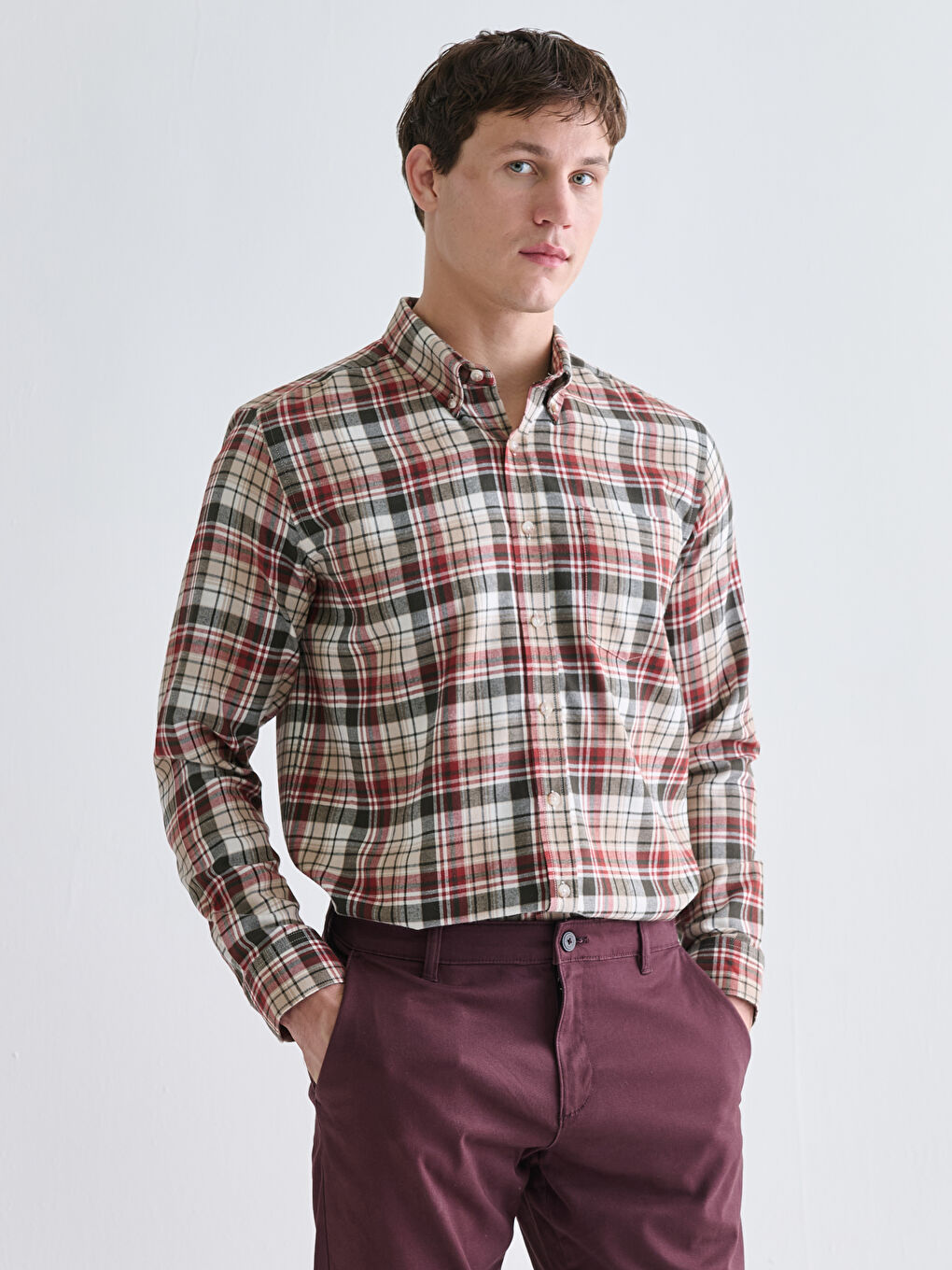 Regular Fit Long Sleeve Plaid Men's Shirt