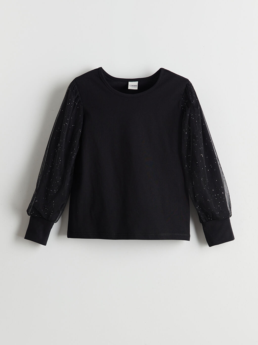 Siyah Bisiklet Yaka Düz Tüllü Kız Çocuk Tişört