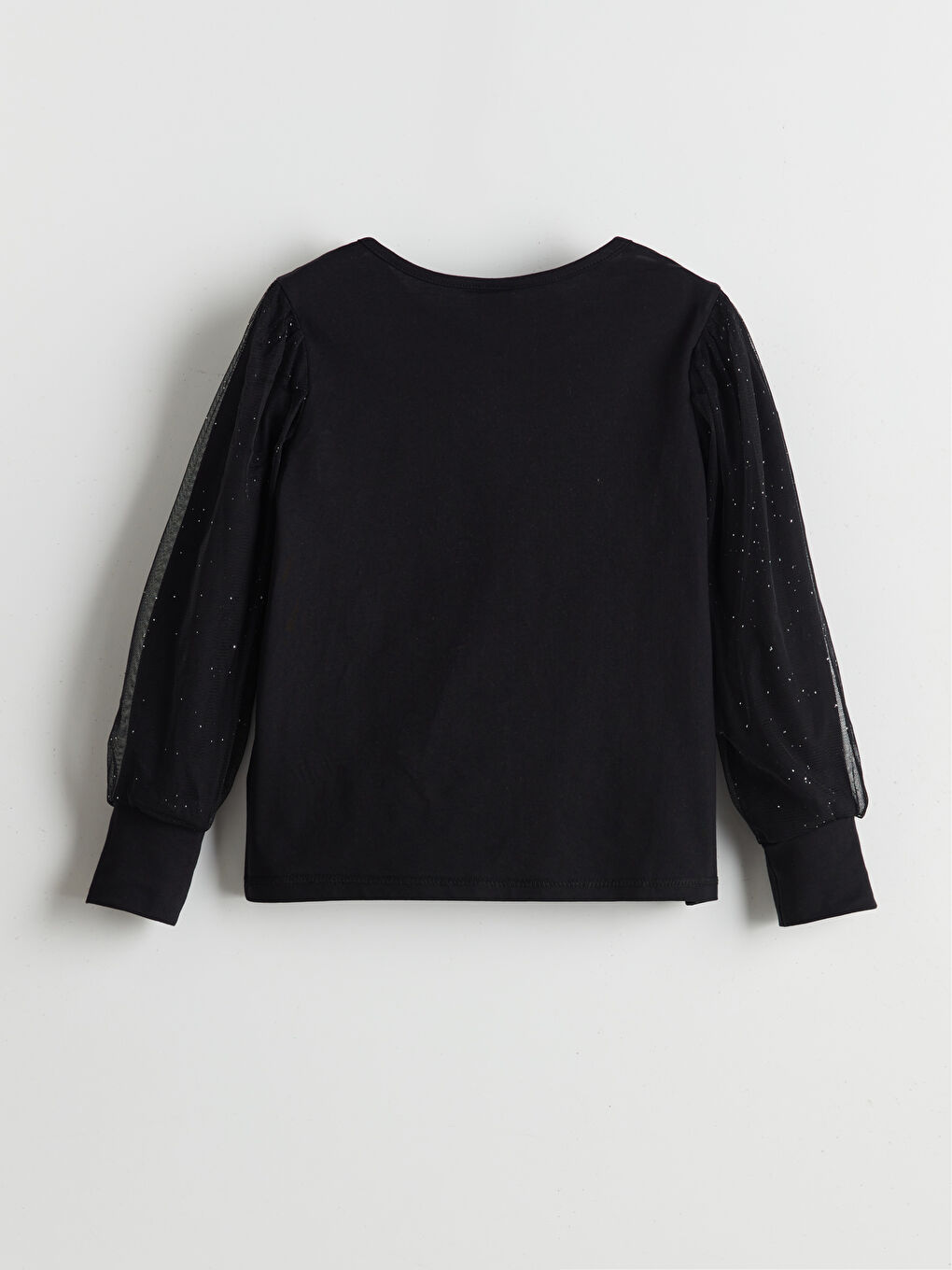 Siyah Bisiklet Yaka Düz Tüllü Kız Çocuk Tişört-1