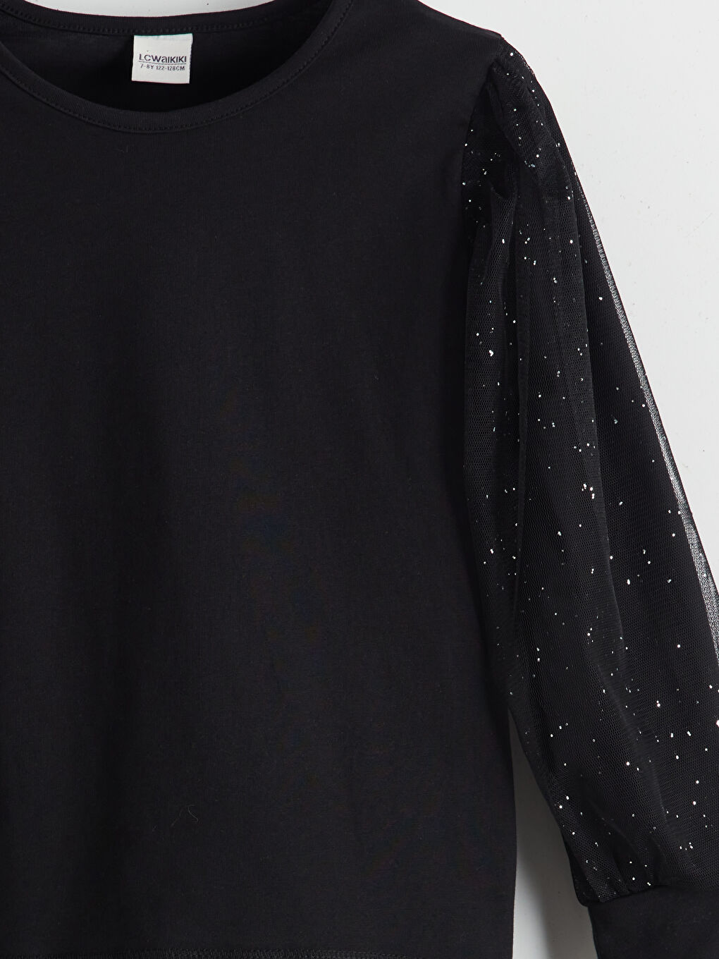 Siyah Bisiklet Yaka Düz Tüllü Kız Çocuk Tişört-2