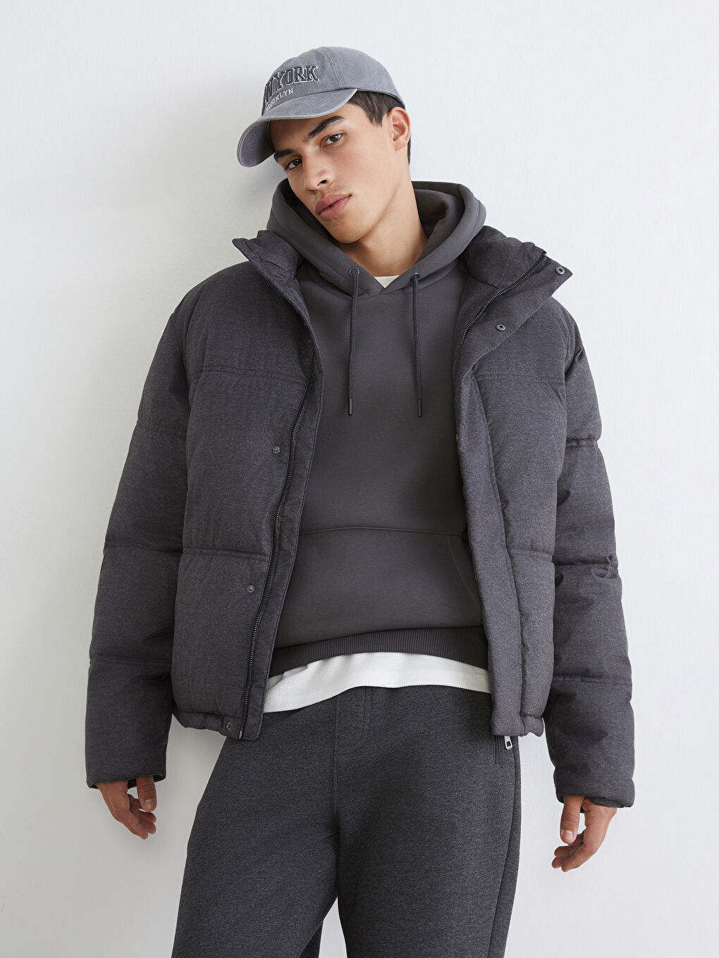 Antrasit Dik Yaka Erkek Şişme Mont