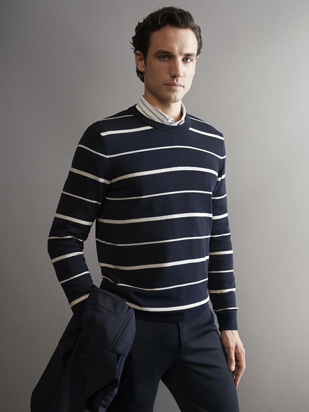 Lacivert Bisiklet Yaka Çizgili Erkek Triko Kazak