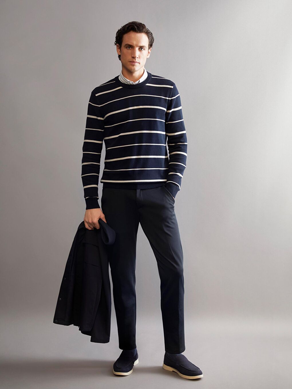 Lacivert Bisiklet Yaka Çizgili Erkek Triko Kazak-1