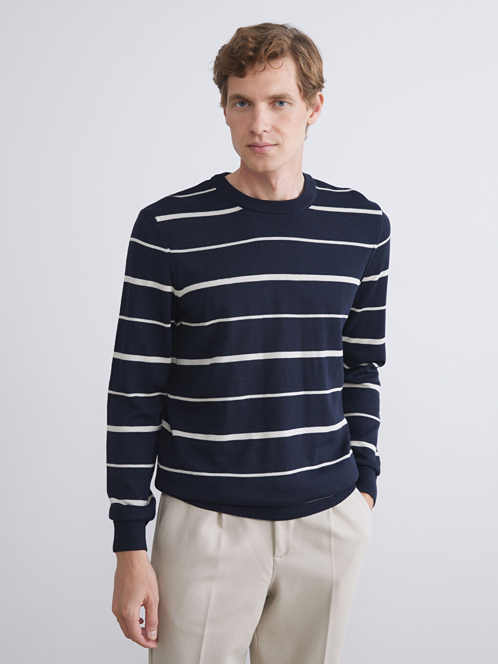 Lacivert Bisiklet Yaka Çizgili Erkek Triko Kazak-2