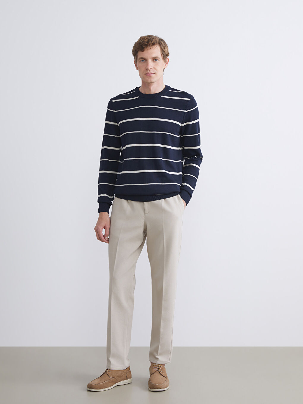 Lacivert Bisiklet Yaka Çizgili Erkek Triko Kazak-3