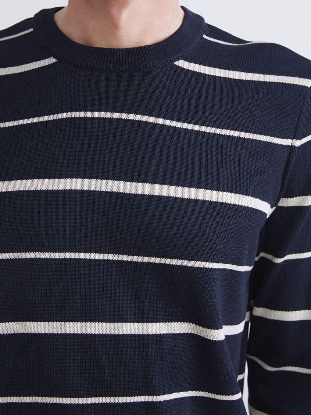 Lacivert Bisiklet Yaka Çizgili Erkek Triko Kazak-4