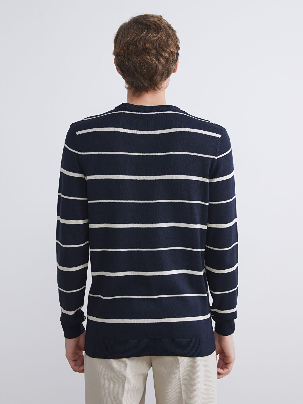 Lacivert Bisiklet Yaka Çizgili Erkek Triko Kazak-5