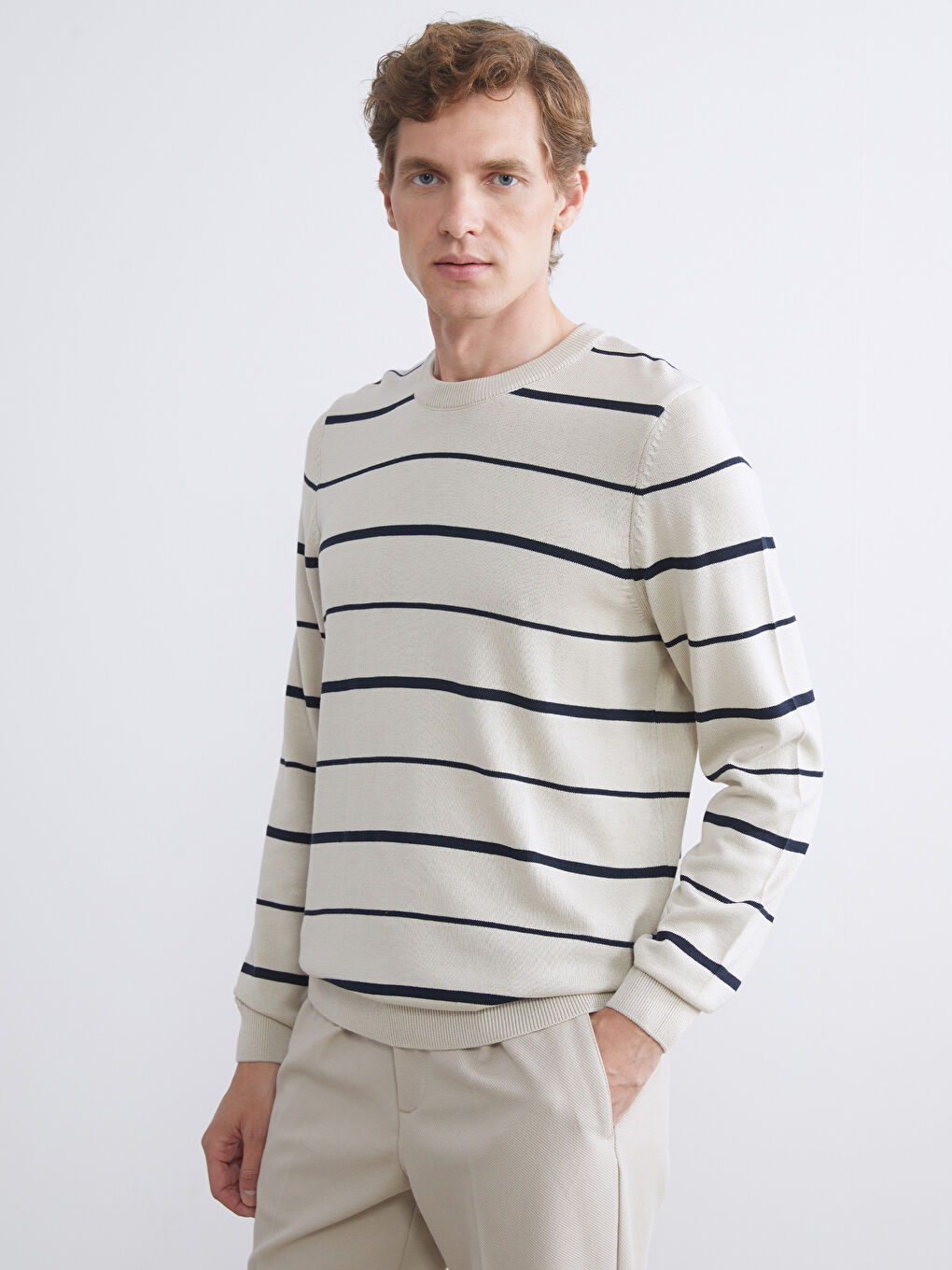 Bej Bisiklet Yaka Çizgili Erkek Triko Kazak