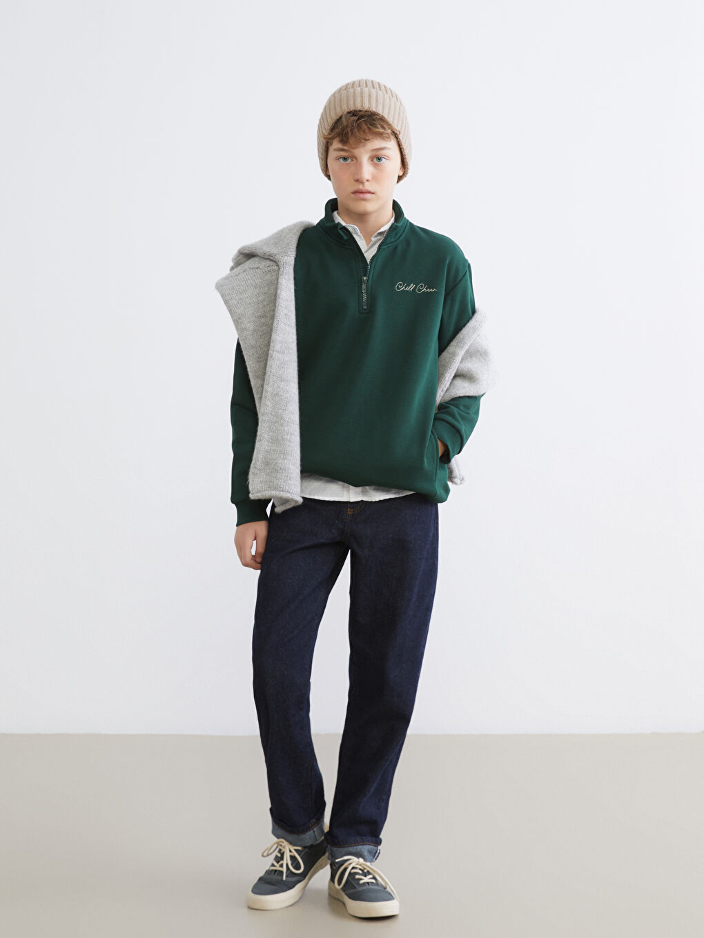 Yeşil Dik Yaka Erkek Çocuk Sweatshirt-1