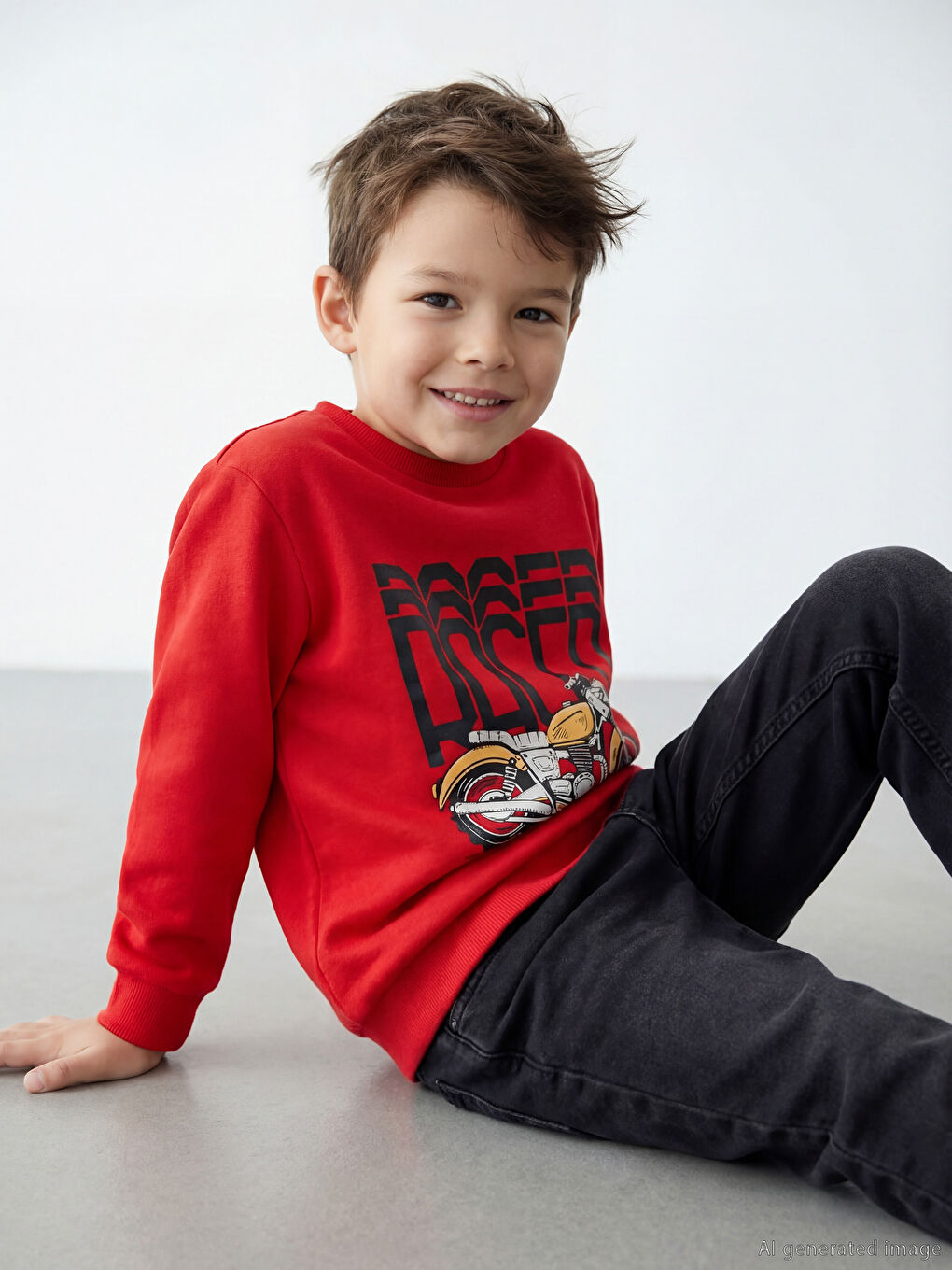 Bisiklet Yaka Baskılı Erkek Çocuk Kalın Sweatshirt