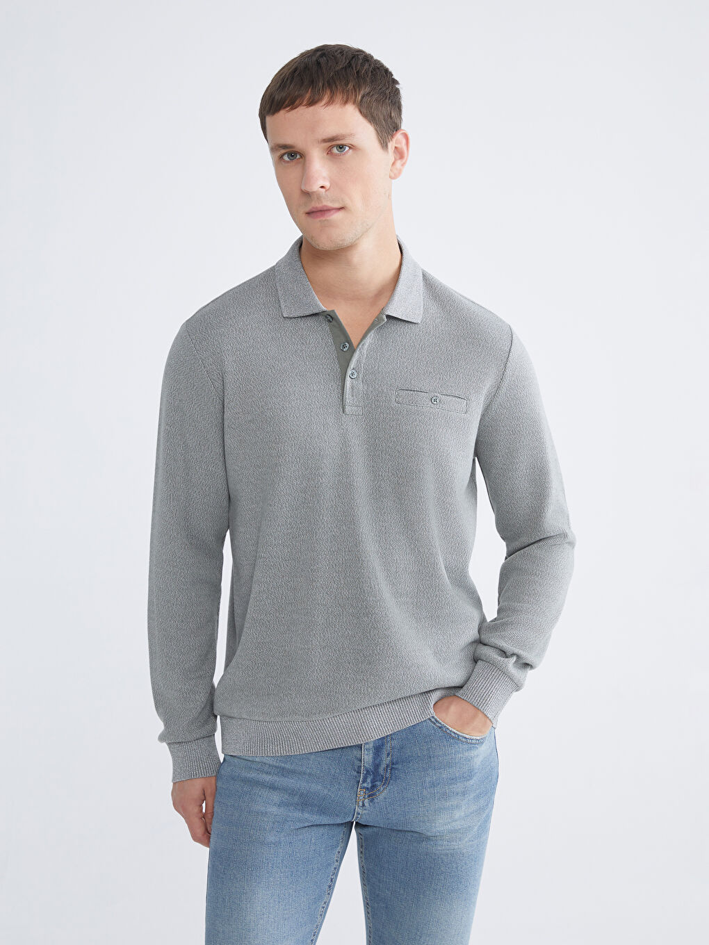 Yeşil Polo Yaka Uzun Kollu Erkek Sweatshirt