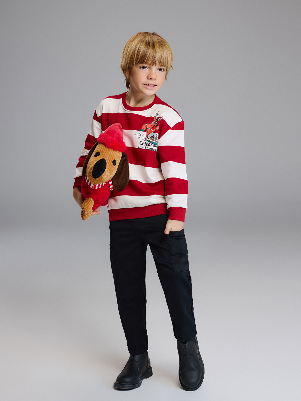 Kırmızı Bisiklet Yaka Çizgili Erkek Çocuk Kalın Sweatshirt-1