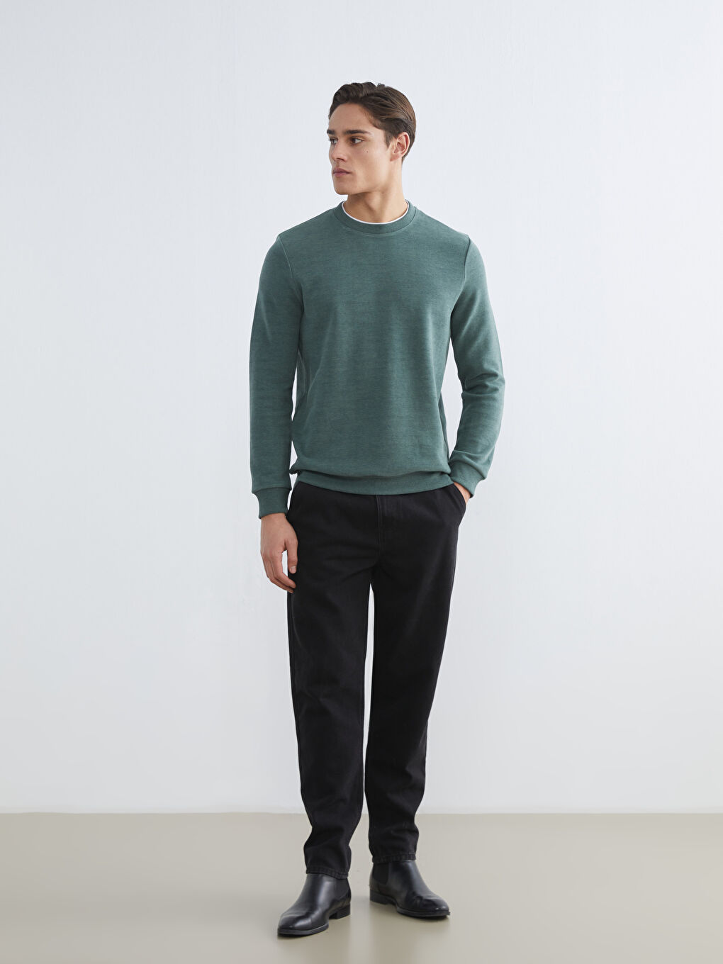 Yeşil Bisiklet Yaka Erkek Sweatshirt-1