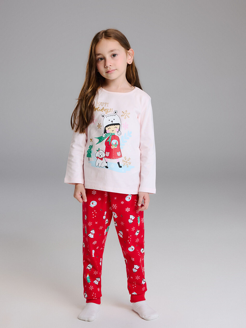 Піжамний комплект для дівчаток з круглим вирізом горловини на тему Різдва-1