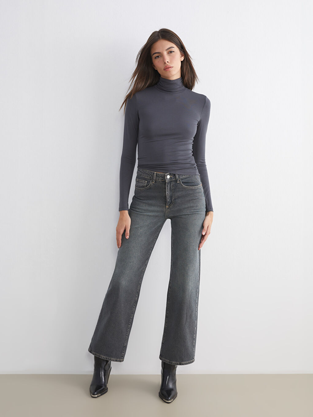 Gri Wideleg Kadın Jean Pantolon