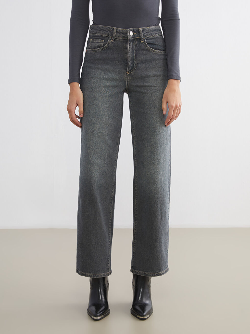 Gri Wideleg Kadın Jean Pantolon-1