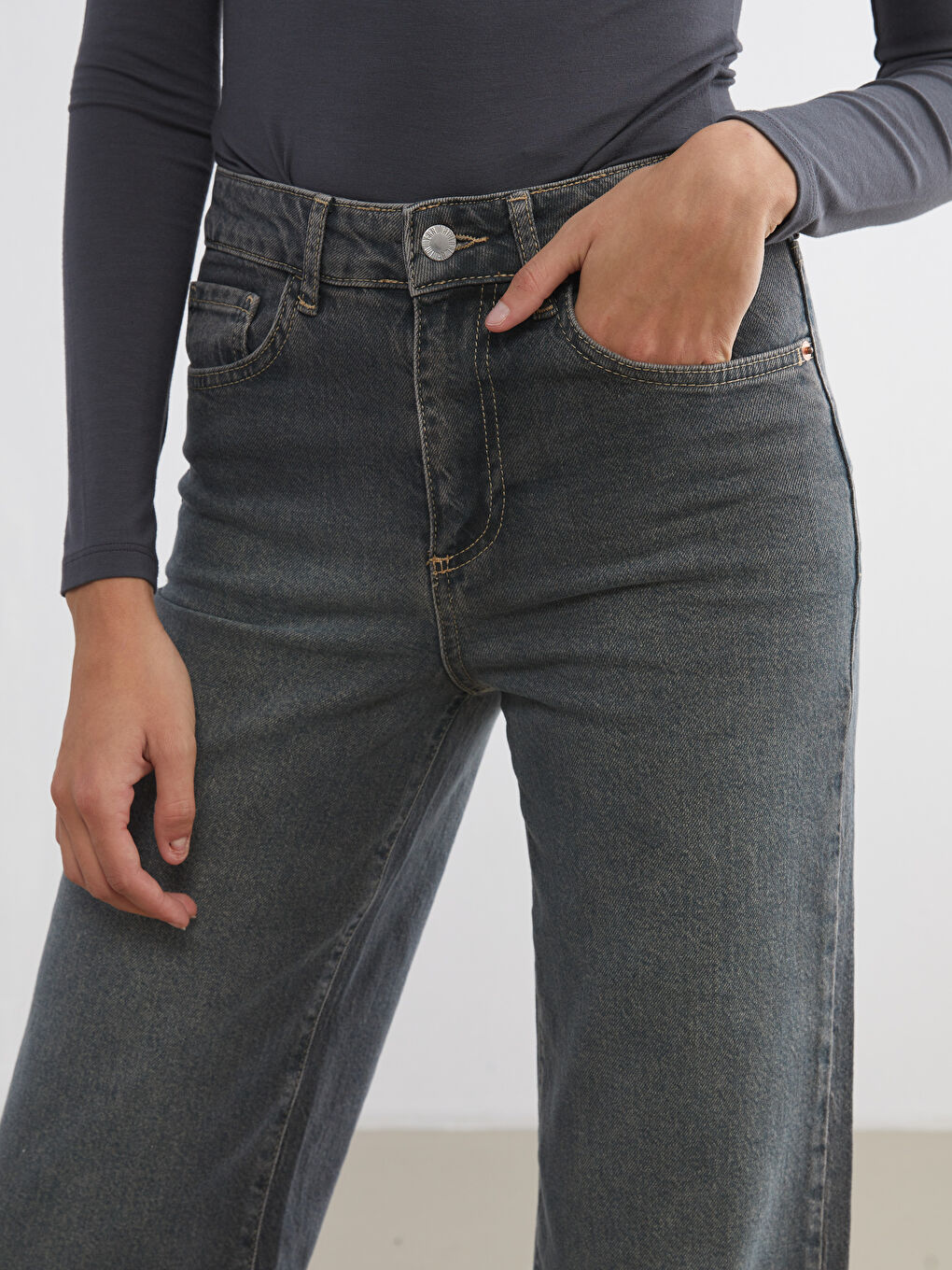 Gri Wideleg Kadın Jean Pantolon-2