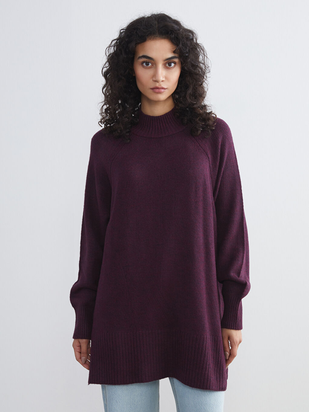 Mor Dik Yaka Oversize Kadın Triko Tunik