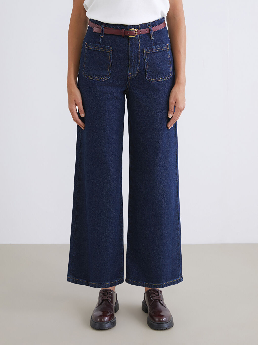 İndigo Beli Kemerli Wideleg Kadın Jean Pantolon-1
