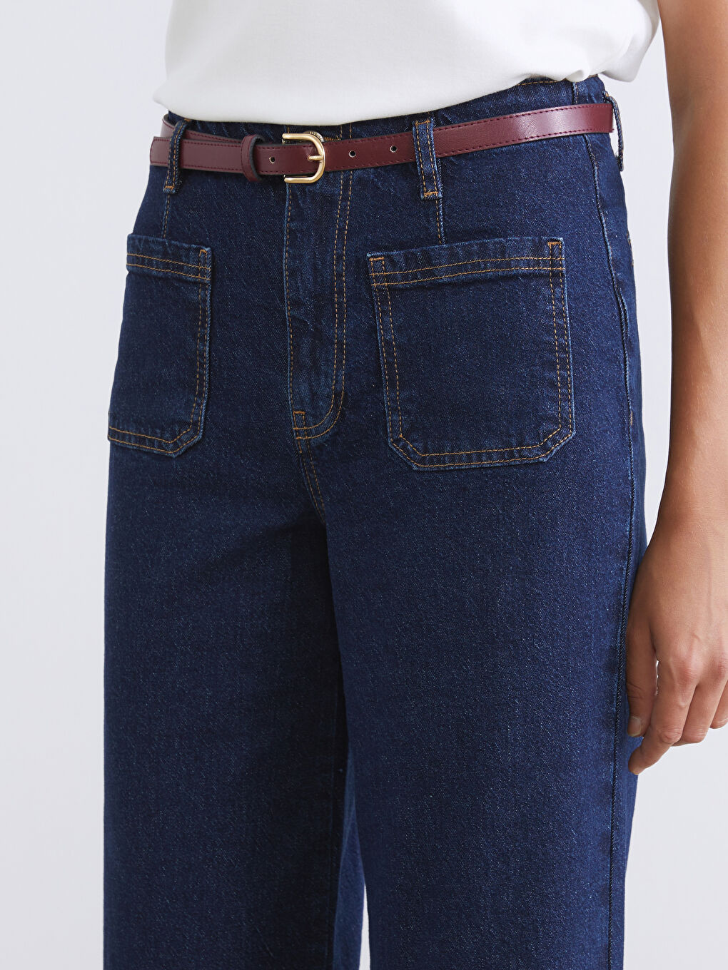 İndigo Beli Kemerli Wideleg Kadın Jean Pantolon-2