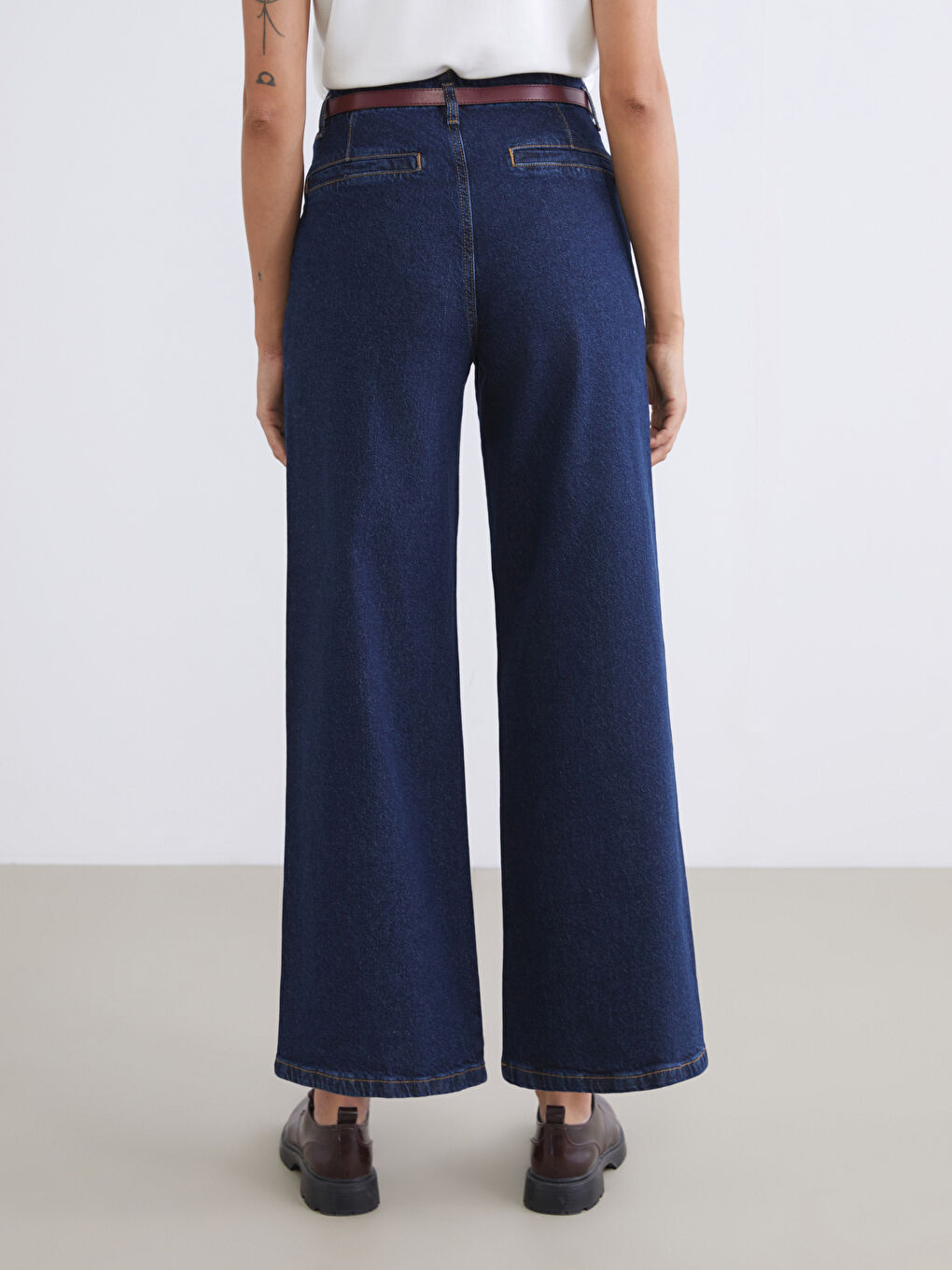 İndigo Beli Kemerli Wideleg Kadın Jean Pantolon-3