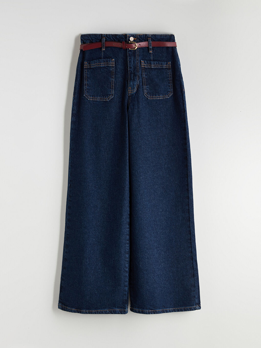 İndigo Beli Kemerli Wideleg Kadın Jean Pantolon-4