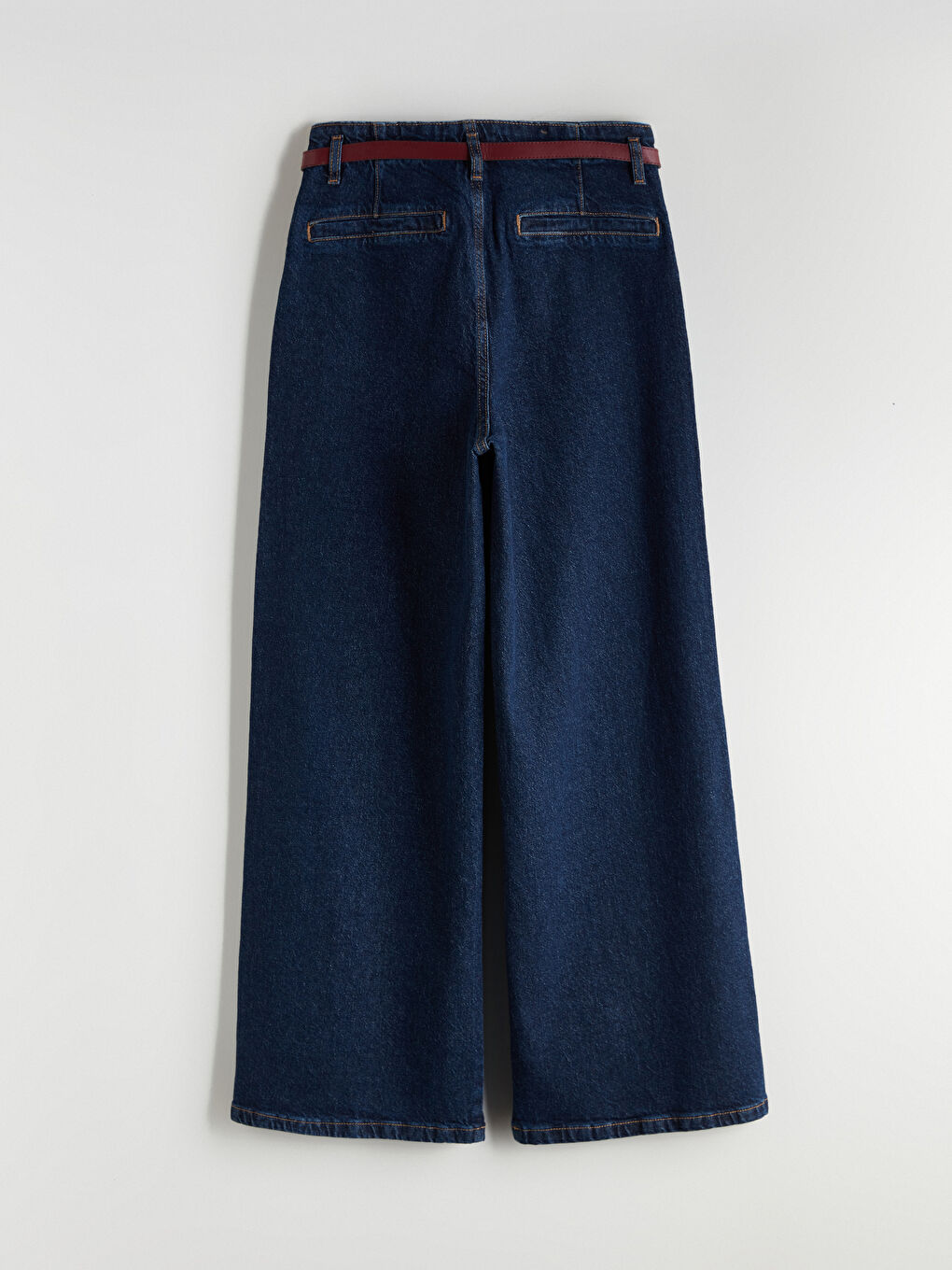 İndigo Beli Kemerli Wideleg Kadın Jean Pantolon-5