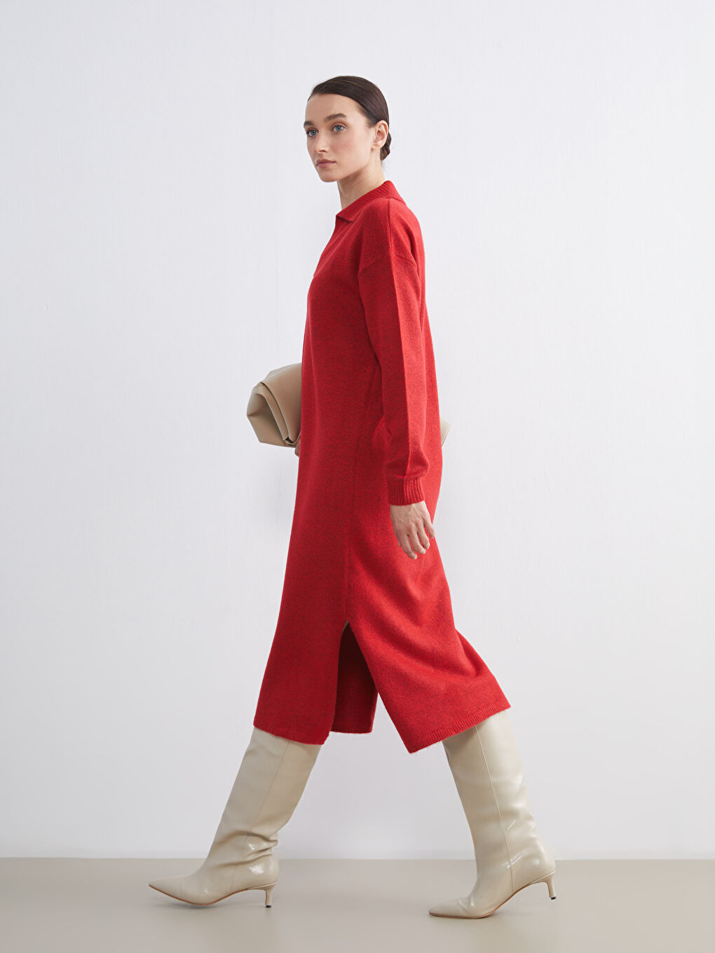 Polo Neck Slit Knit Dress