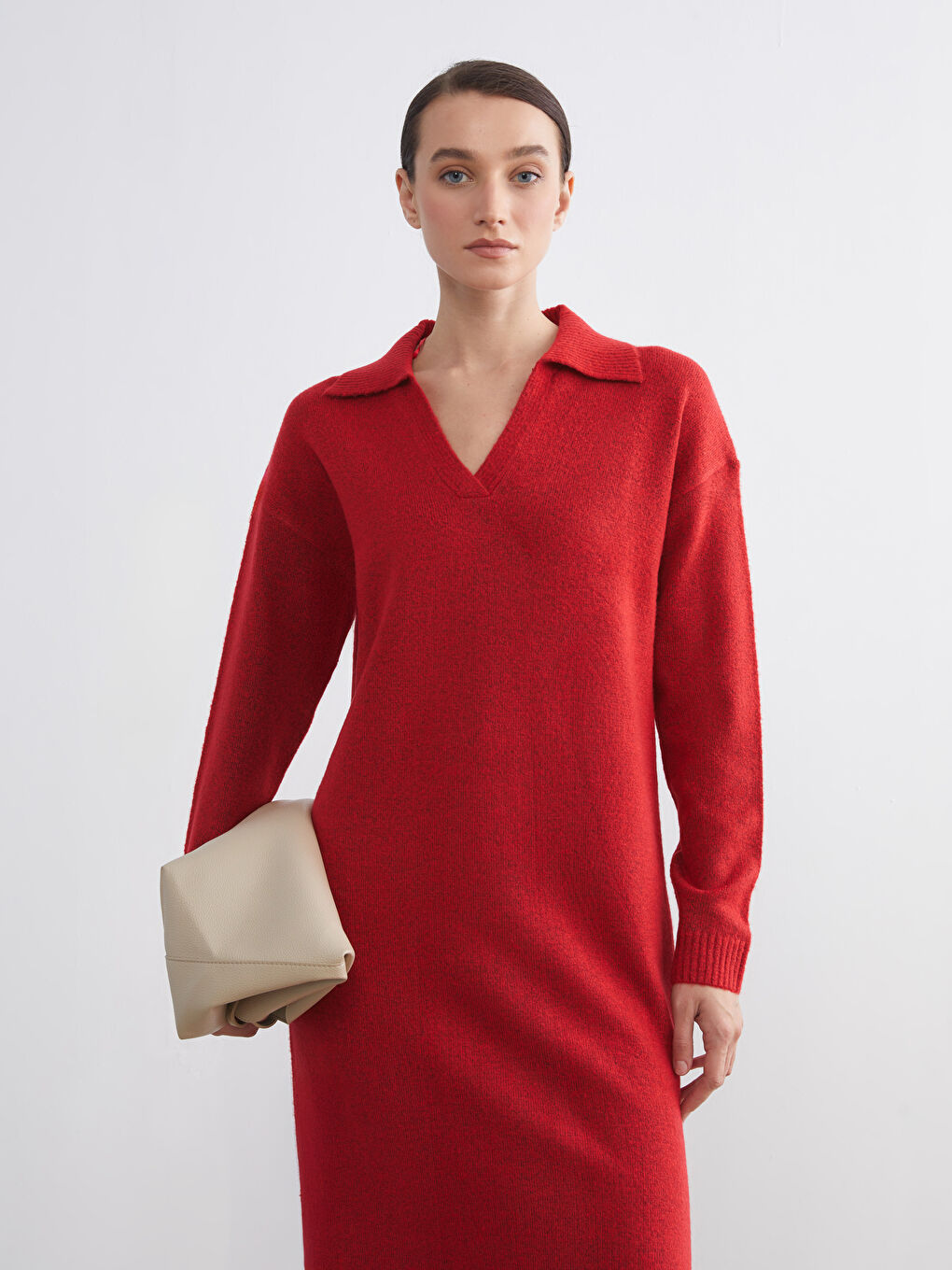 Polo Neck Slit Knit Dress-1