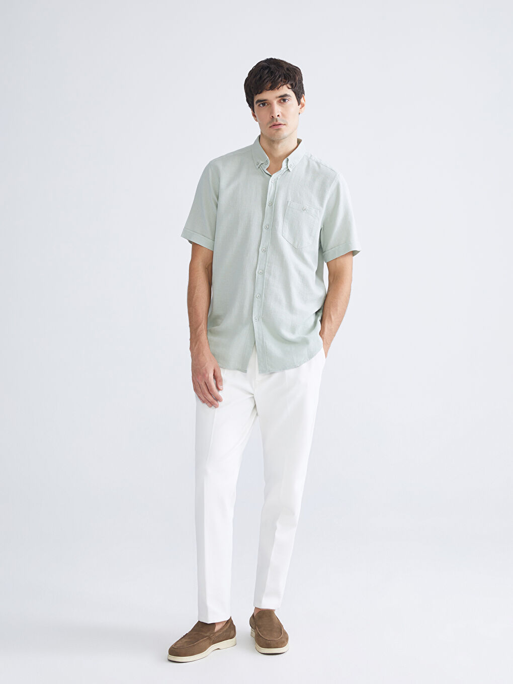 Gri Regular Fit Kısa Kollu Erkek Gömlek-1