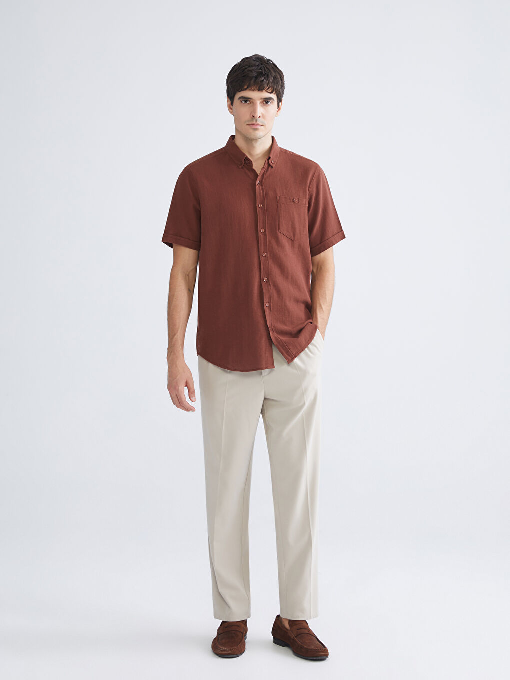 Kahverengi Regular Fit Kısa Kollu Erkek Gömlek-1