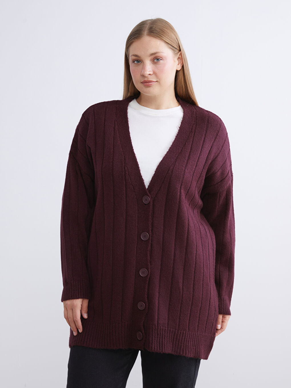 Bordo V Yaka Kadın Triko Hırka-1