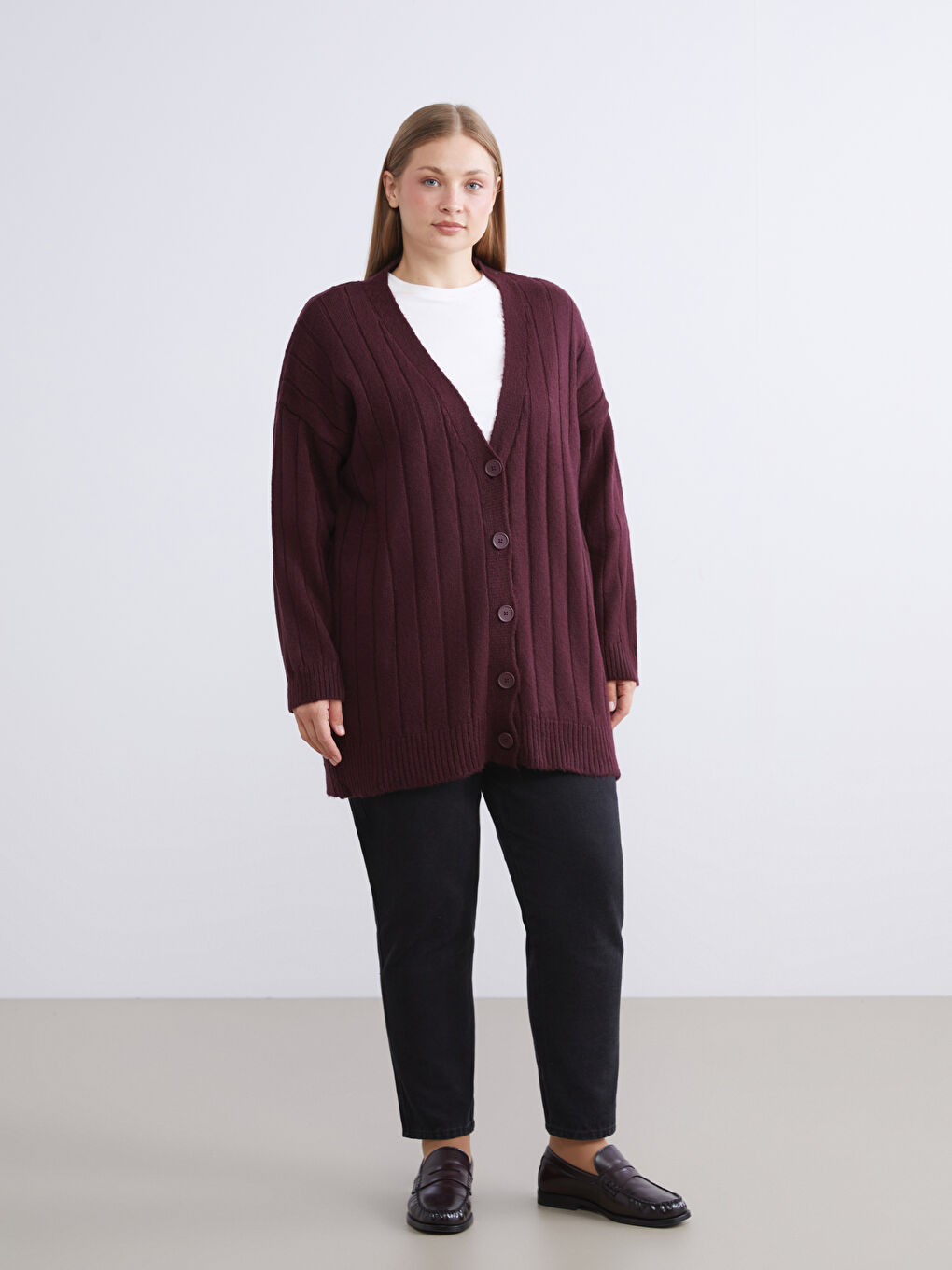 Bordo V Yaka Kadın Triko Hırka-5