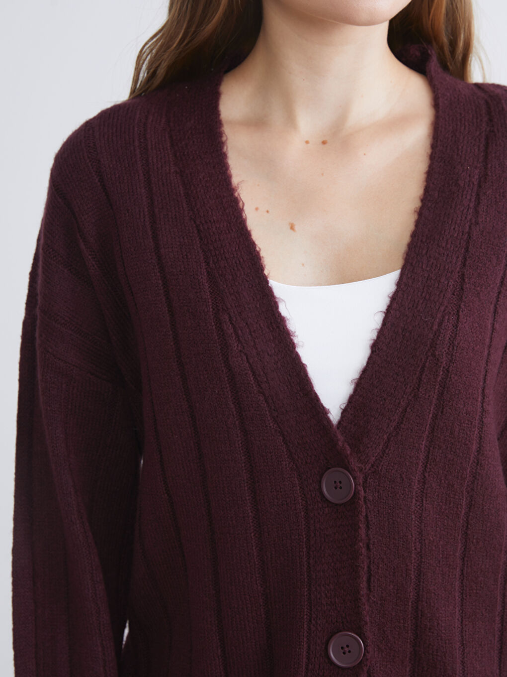 Bordo V Yaka Kadın Triko Hırka-3