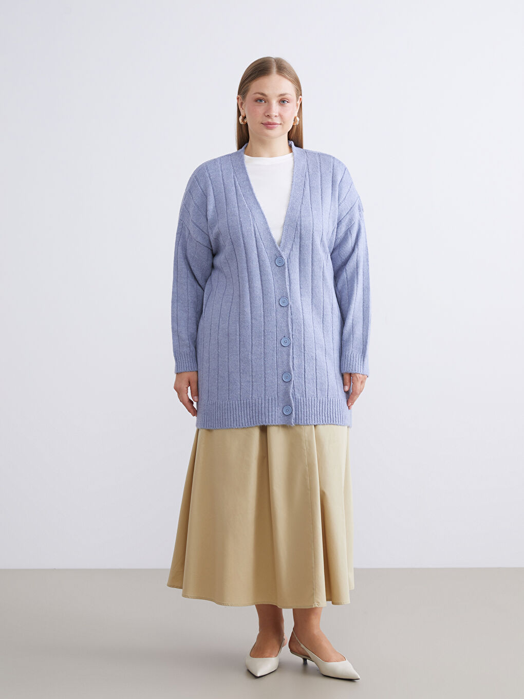 Mavi V Yaka Kadın Triko Hırka-5