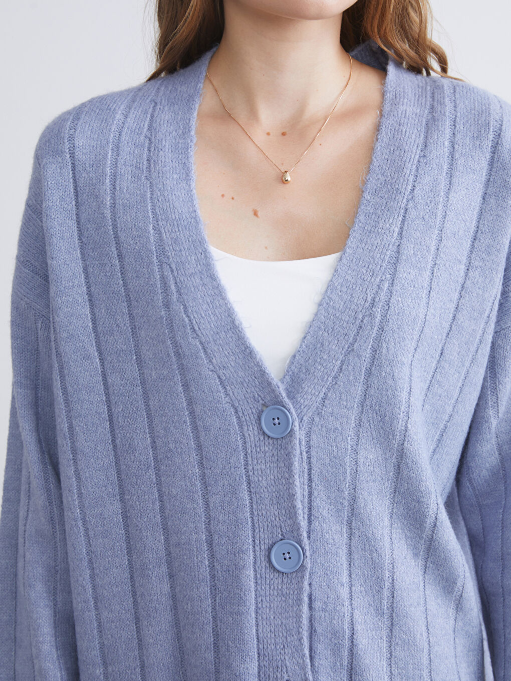 Mavi V Yaka Kadın Triko Hırka-3