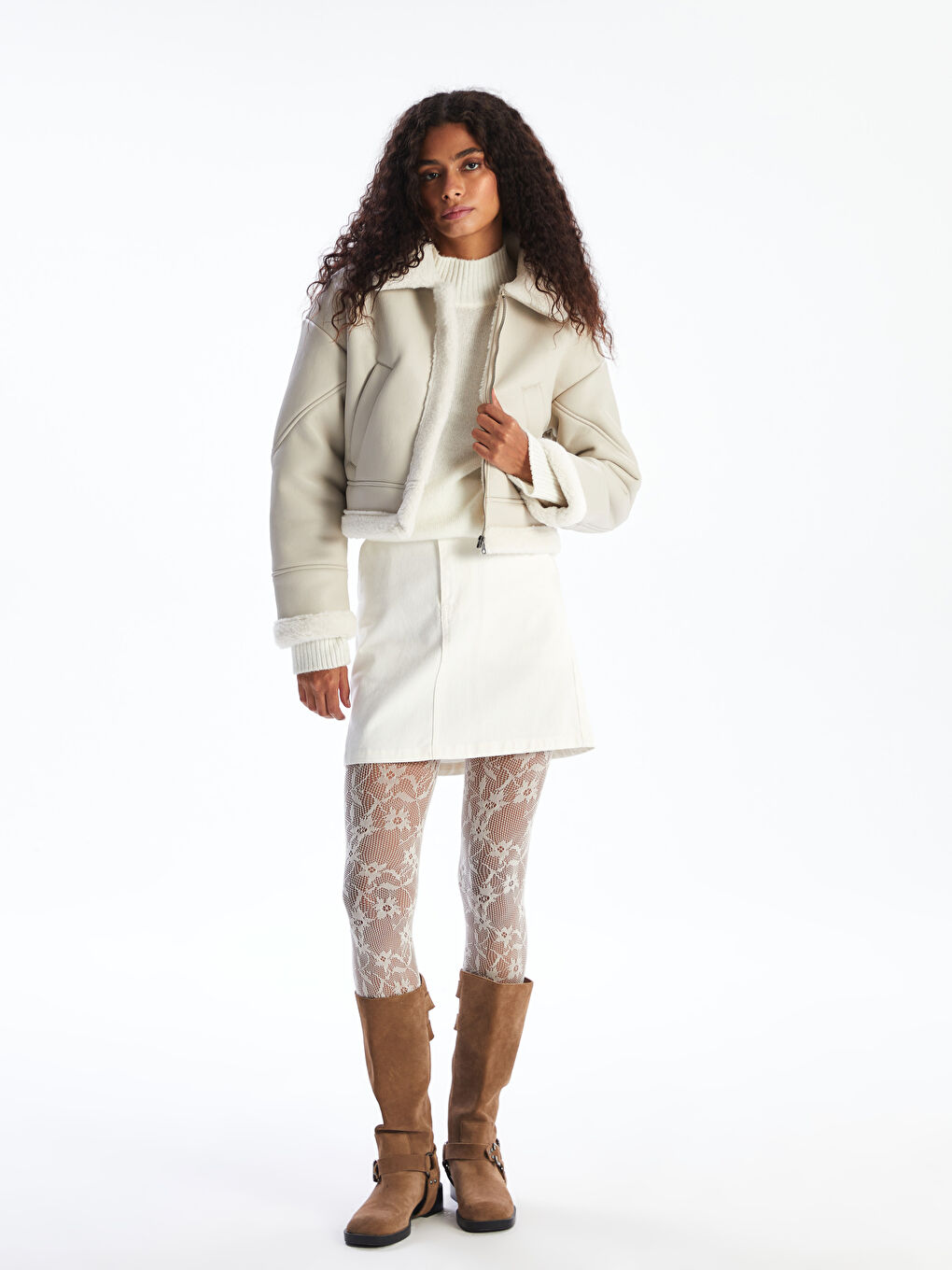 Woman BEIGE Faux Leather Coat-1