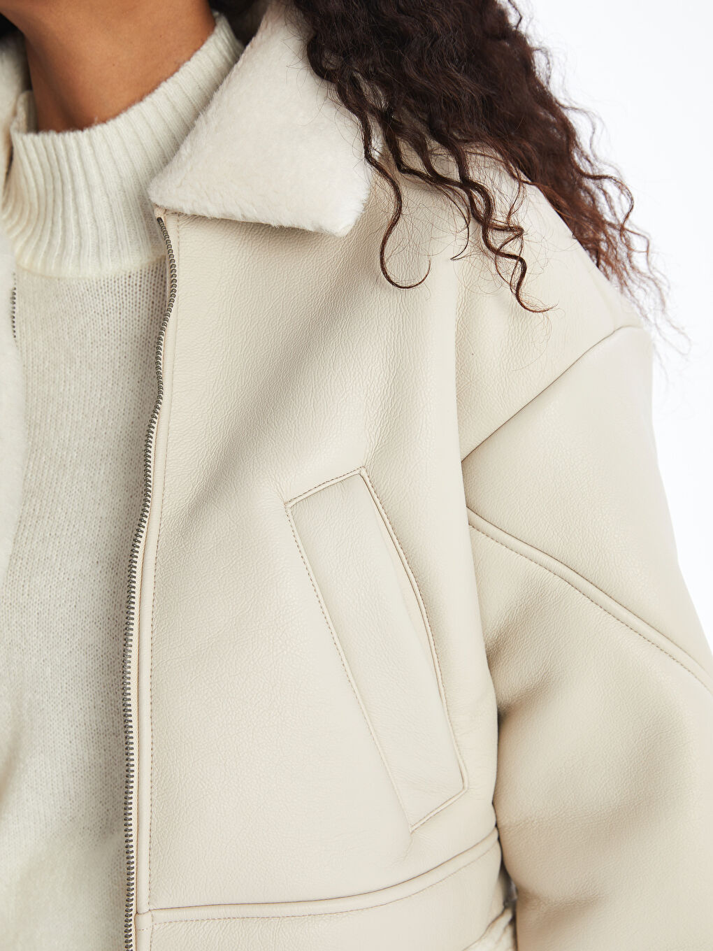 Woman BEIGE Faux Leather Coat-2