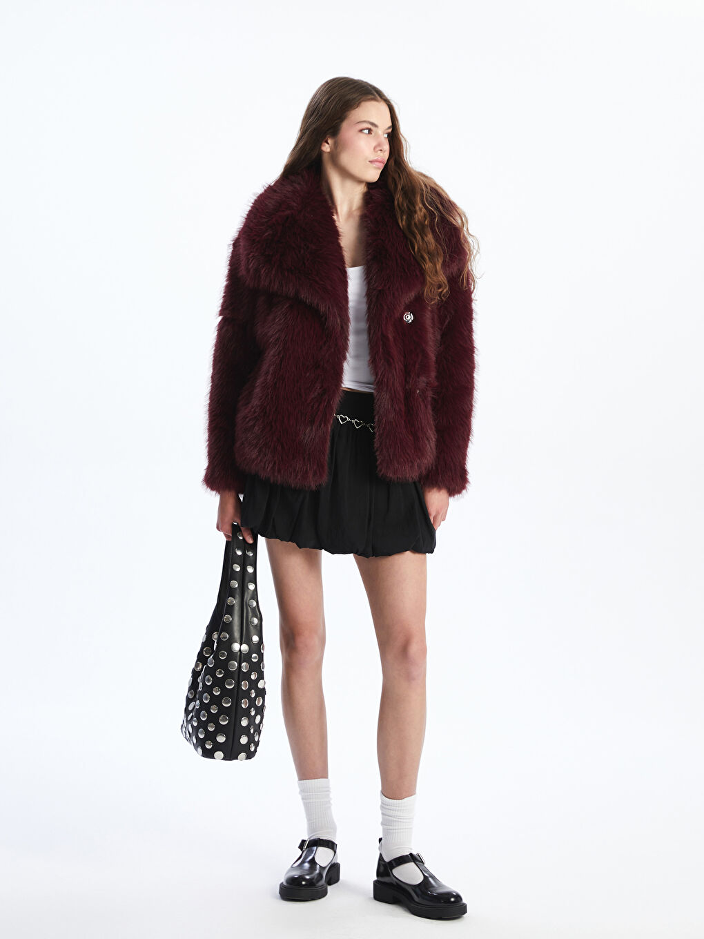 Bordo Ceket Yaka Kadın Kürk Mont-1