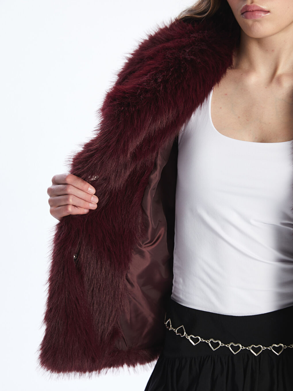 Bordo Ceket Yaka Kadın Kürk Mont-3