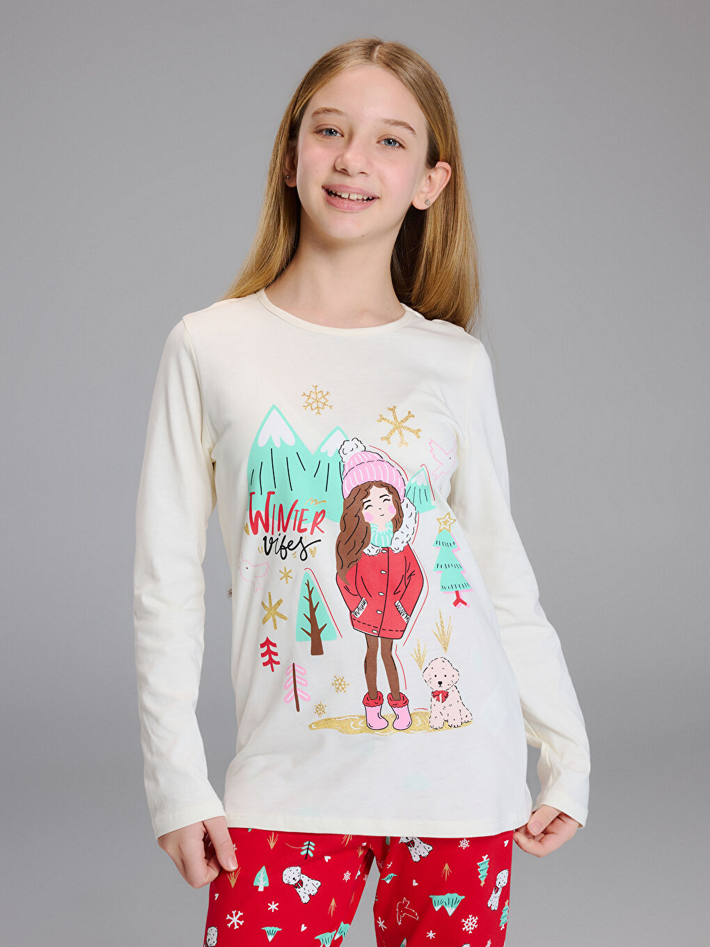 Set Pijama Pentru Fete Cu Guler Rotund-1