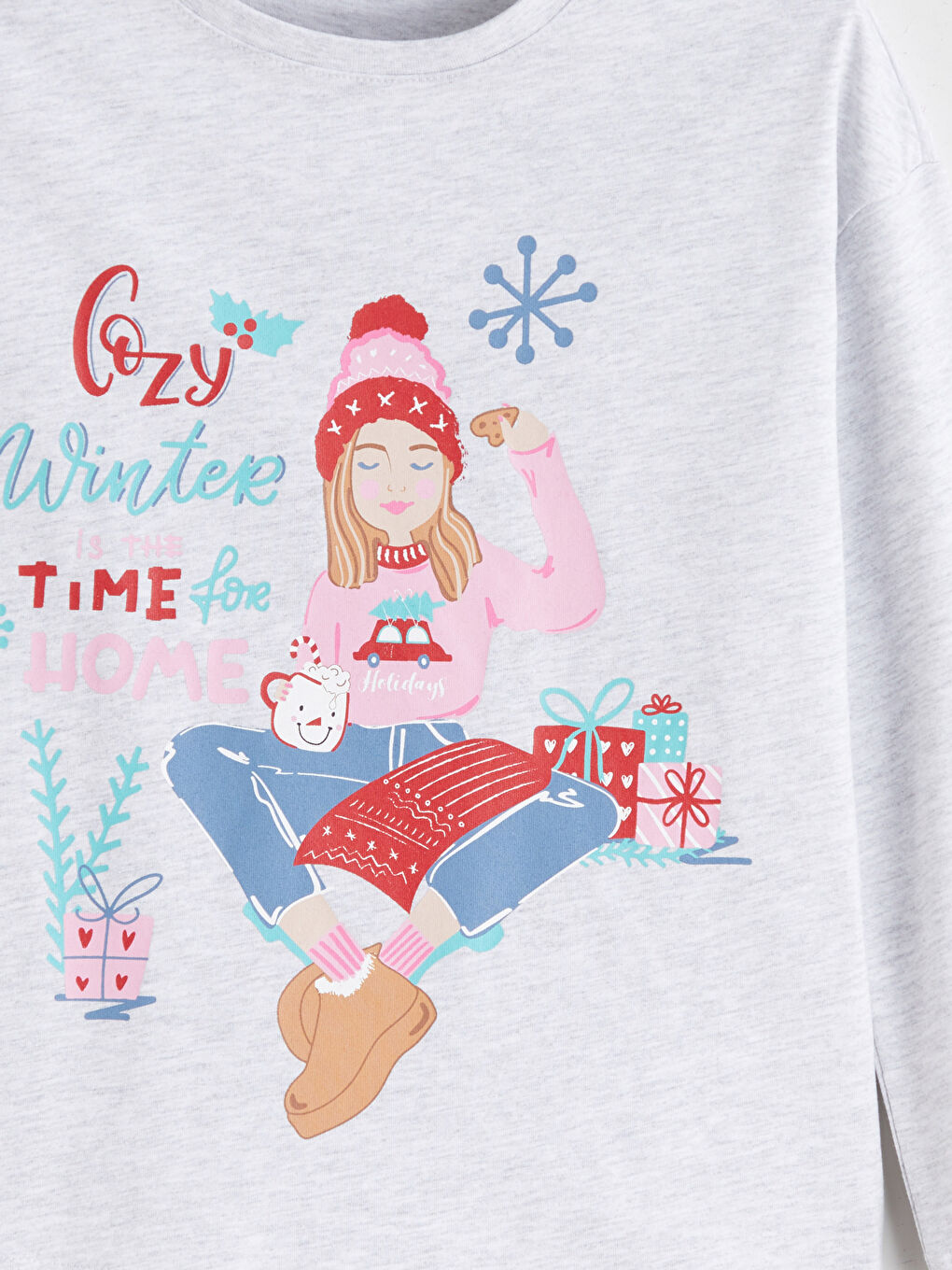 Gri Bisiklet Yaka Kız Çocuk Pijama Takımı-7