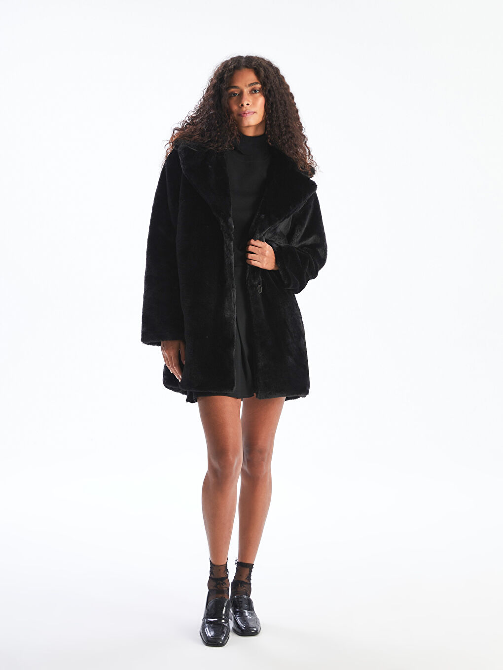 Jacket Neck Women's Fur Overcoat-1