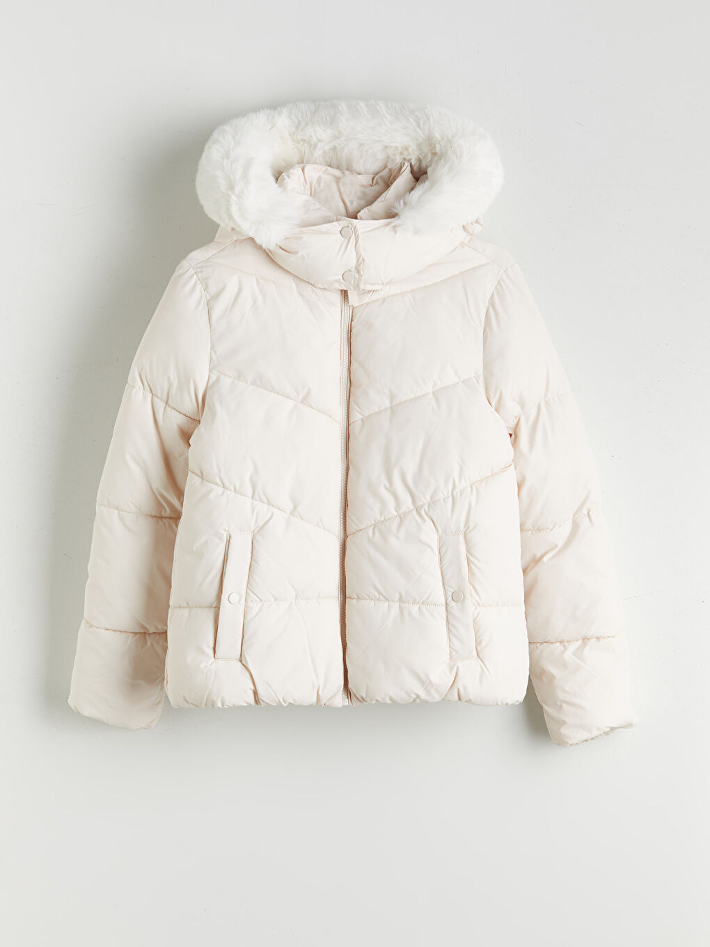 Bej Kürk Kapüşonlu Kadın Şişme Mont-5