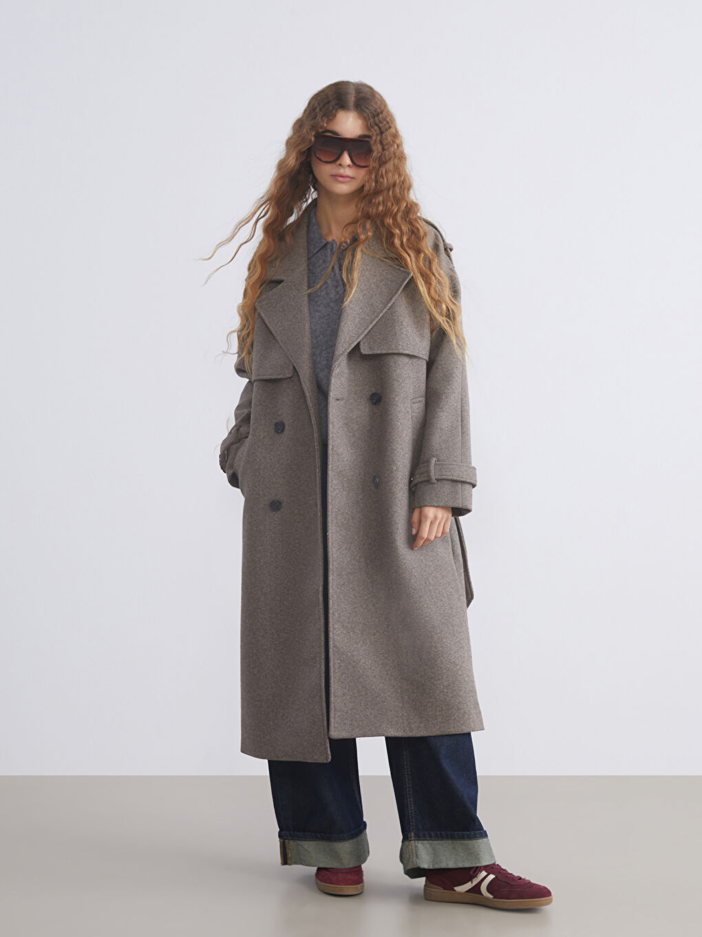 Kahverengi Kruvaze Yaka Kadın Kaşe Kaban-1