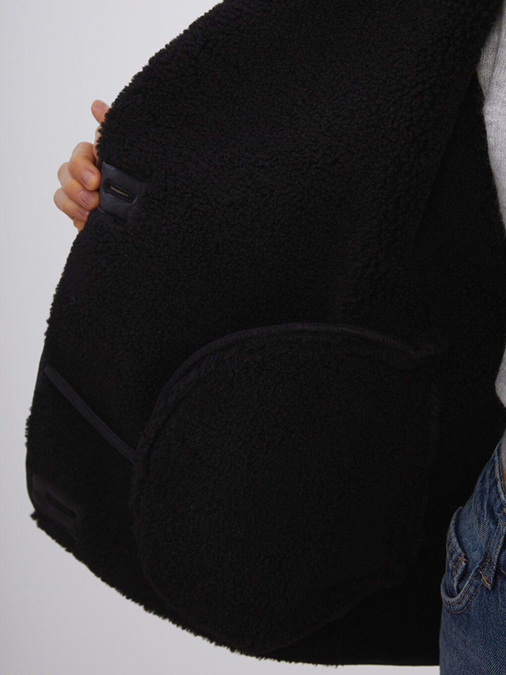 Siyah Pelüş Biker Yaka Kadın Süet Mont-3